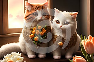 The couple of adorable cats indoors among the tulips, AI generated