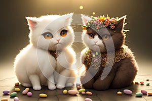 The couple of adorable cats indoors among the tulips, AI generated