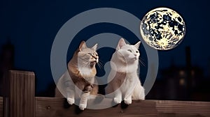 couple of adorable cats sitting on fence in front of full moon night sky, neural network generated image