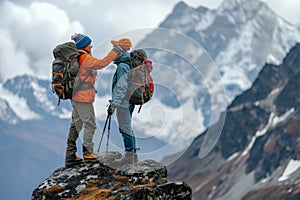 A couple of adventurers standing triumphantly atop a majestic mountain peak, A brave hiker giving emotional support to a friend