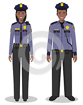 Couple of african american policeman and policewoman standing together on white background in flat style. Police USA