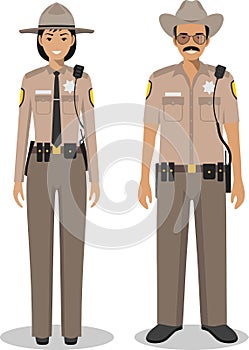 Couple of american policeman and policewoman standing together on white background