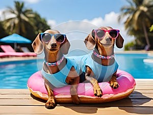Couple of amusing dachshunds rest on doughnut shape swimming circle in fashionable sunglasses