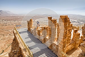 Couple at the ancient fortification Masada in Israel. Masada National Park in the Dead Sea region of Israel