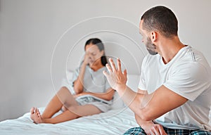 Couple, angry and marriage fight, divorce and stress in bed with mental health, abuse and mistake in relationship