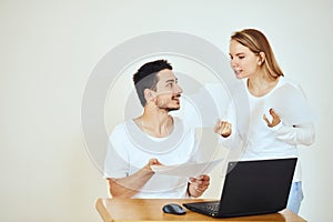 Couple arguing about bill. Problems in relationship