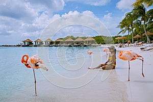 Couple at Aruba beach with pink flamingos at the beach, flamingo beach in Aruba Island Caribbean