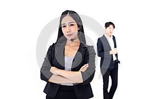 Couple Asia call center workers or Confident business  with headset,Customer support standing on white background