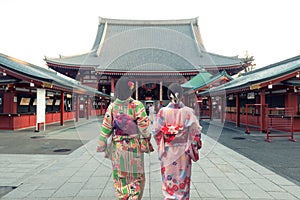 Couple asian women wearing traditional japanese kimono in Sensoji temple in Tokyo, Japan.