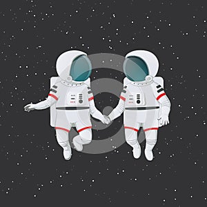 Couple of astronauts floating in space holding hands. Love, romance, relationship, friendship. Cartoon illustration. Sign, poster