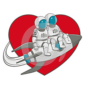 Couple of astronauts flying on a rocket together. Love, romance, relationship. Cartoon illustration. Sign, poster, badge, sticker