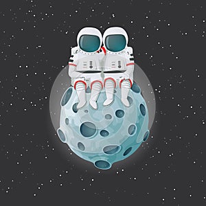 Couple of astronauts sitting on a tiny moon hugging with stars in the background. Love, romance, relationship, friendship. Cartoon