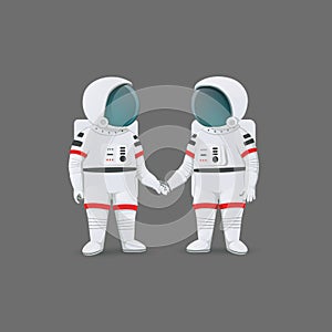 Couple of astronauts standing holding hands isolated on a gray background. Love, romance, relationship, friendship. Cartoon