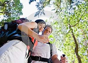 Couple with backpacks and compass