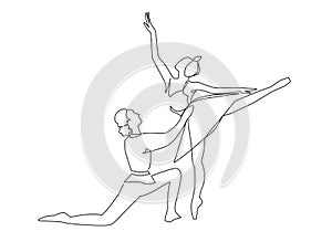 Couple ballet dancers one line continuous drawing vector illustration. Monochrome hand drawn design