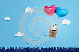 Couple in balloon fly with heart falling to the grass field, valentine`s Day celebration, 3D rendering cartoon character