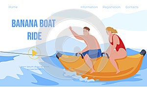 Couple banana boat ride landing page vector flat summer leisure beach sport recreation activity