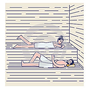 Couple bathing in sauna or banya. Happy man and woman in towels relaxing in spa