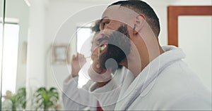 Couple, bathroom and brushing teeth for dental hygiene, care or morning routine together at home. Young man and woman