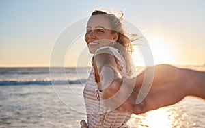 Couple at beach, holding hands and love at sunset, travel together and adventure with romantic vacation portrait