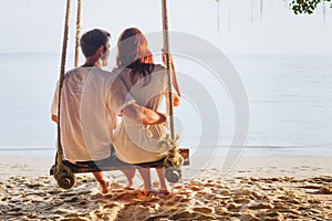 Couple on beach holidays, family romantic honeymoon