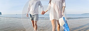 Couple On Beach Summer Vacation, Beautiful Young Happy People In Love Walking, Man Woman Smile Holding Hands