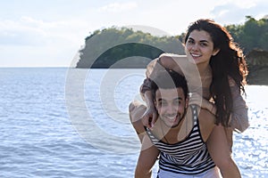Couple Beach Summer Vacation, Man Carry Woman Beautiful Young Happy Man And Woman Smile