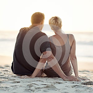 Couple, beach and sunset relax or travel vacation on tropical island for marriage commitment, holiday or paradise. Man