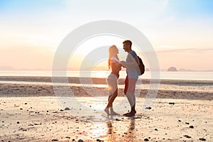 Couple On Beach At Sunset Summer Vacation, Beautiful Young People In Love, Man Woman Holding Hands