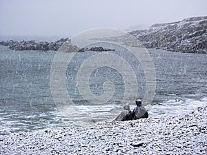 Couple on a beach under the snow photo