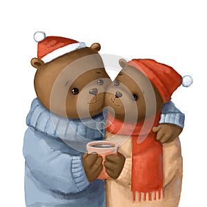 couple of bears in love with cup of hot drink, valentines illustration i watercolor style