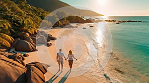 Couple on beautiful tropical beach at sunset, Seychelles. Generative AI