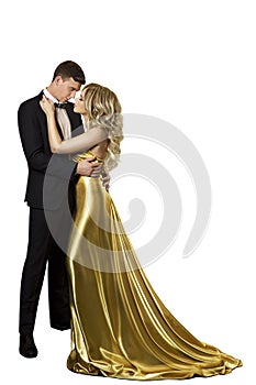 Couple Beauty Portrait, Beautiful Woman in Gold Dress and Elegant Man on white