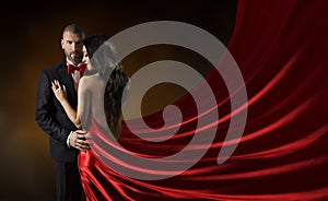 Couple Beauty Portrait, Man in Suit Woman Red Dress, Rich Gown