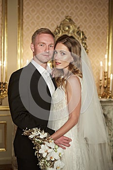 Couple Beauty Portrait, Well Dressed Handsome Man in Suit with Elegant Beautiful Woman in White Dress