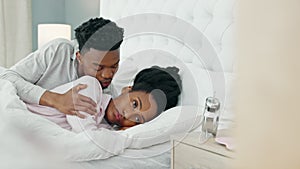 Couple in bedroom after fight, frustrated black woman and man comfort young angry girl. Home together, sad argument and