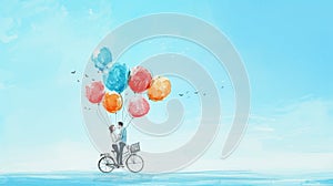 Couple on a bicycle lifted by colorful balloons, evoking whimsy and adventure in a watercolor scene.