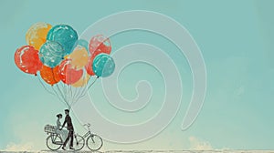 Couple on a bicycle lifted by colorful balloons, evoking whimsy and adventure in a watercolor scene.