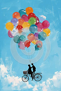 Couple on a bicycle lifted by colorful balloons, evoking whimsy and adventure in a watercolor scene.