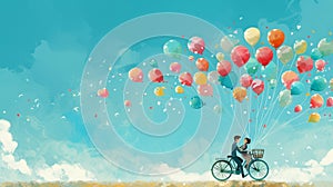 Couple on a bicycle lifted by colorful balloons, evoking whimsy and adventure in a watercolor scene. photo
