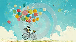 Couple on a bicycle lifted by colorful balloons, evoking whimsy and adventure in a watercolor scene. photo