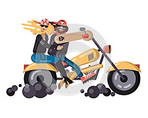 Couple biker in red bandanas with skulls, leather jackets, dark glasses and jeans are riding powerful classic motorcycle. Clouds