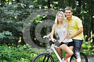 Couple on a bikes in countryside