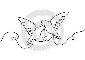 Couple of bird in love. One continuous line drawing, two flying dove birds. Minimalism Pigeon vector illustration, Good for poster