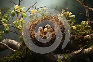 A couple of birds are perched in a nest