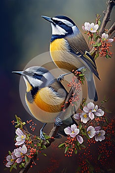 A couple of birds in the spring season with many blooming flowers AI-generated images