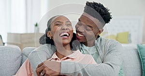 Couple, black people and laughing for conversation in home with love, care and chat together in happy relationship. Man