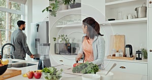 Couple, blender and smoothie in kitchen, morning and helping hand with search in fridge for product. Woman, man and