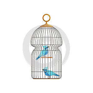 Couple blue jay characters in big hanging cell. Cute birds with bright feathers. Icon in flat style. Infographic vector