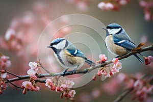 Couple of Blue Tit (Parus caeruleus) on Cherry Blossom generative ai